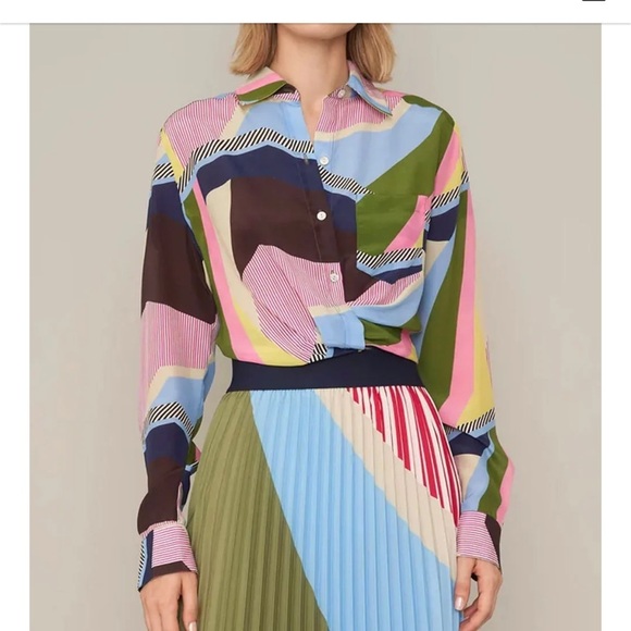le superbe Jackets & Blazers - Le Superbe silk Interrupted Pattern Sunset Tower Tuck Blouse Colorful Geometric